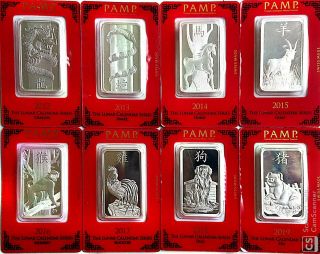Pamp Suisse Silver 1 Oz " Lunar Year " 2012 - 2019 Set Of 8