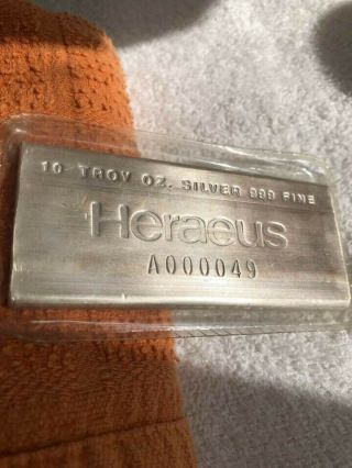Rare Heraeus Extruded10 Oz.  999 Silver Bar Low Serial A000049