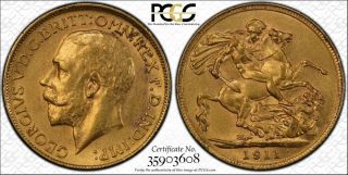 1911 Great Britain Sovereign Gold,  Pcgs Certified,  Ms61