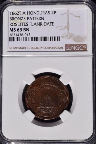 1862 Ta Honduras 2 Pesos Bronze Pattern,  Ngc Ms 63,  Rosettes Flank Date