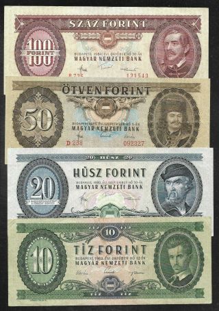 Hungary - 10/20/50/100 Forint Notes - 1962/1984 - P168/69/70/71 - Vf & Better