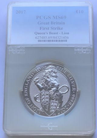 2017 Great Britain Queen’s Beast Lion 10oz Silver Coin Pcgs Ms69 First Strike