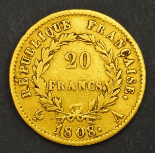 1808,  France (1st Empire),  Napoleon I.  Gold 20 Francs Coin.  6.  36gm 2