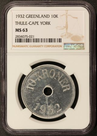 1932 Greenland Thule - Kap York 10 Kroner Coin - Ngc Ms 63 - Km Tn10 - Top Pop - 1
