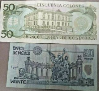1993 Costa Rica Cincuenta Colones Fifty $50 Banknote & 2001 20 Peso Mexican Note 2