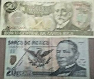 1993 Costa Rica Cincuenta Colones Fifty $50 Banknote & 2001 20 Peso Mexican Note 3