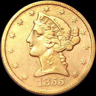 1855 - S $5 Gold " Half Eagle " About Uncirculated High End San Francisco Lustery Au