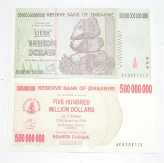 Pair 2008 50 Trillion Dollar & Hyper Inflation Note Zimbabwe 100 Series 741