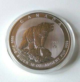 2017 Canadian 10 Oz Silver Grizzly Bear Fine Silver Coin.  9999 Pure 50 Dollars