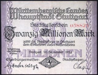 Stuttgart 1923 20 Million Mark Inflation Notgeld German Banknote