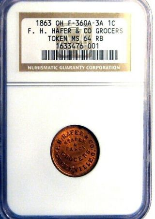 1863 Greenville Ohio Civil War Token F H Hafer & Co R7 NGC MS64 RB Very Red 3