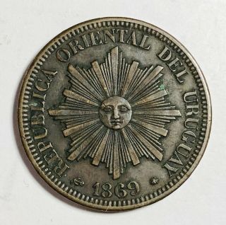 1869 Uruguay 4 Centesimos Bronze Coin Km 13