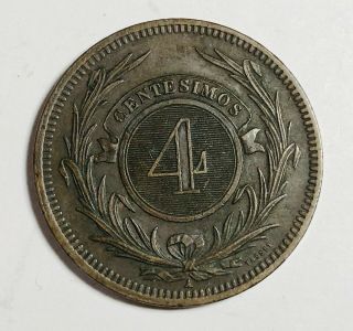 1869 Uruguay 4 Centesimos Bronze Coin KM 13 2
