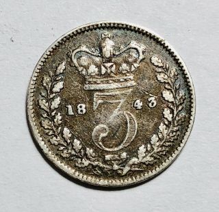 1843 Great Britain 3 Pence Victoria 1st Port Silver (. 925) Coin Km 730 Sp 3914