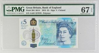 Bank Of England Great Britain 5 Pounds 2015 Prefix Aa01 Pmg 67epq Polymer