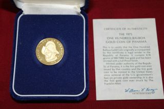 1975 Panama 100 Balboa Proof Gold Coin,  Vasco Nunez De Balboa,  W/