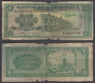 Guatemala 1 Quetzal 1963 (g - Vg) Banknote P - 43e