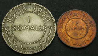 Somalia 1 Centesimo & 1 Somalo Ah1369 / 1950 - 2 Coins.  - 466