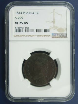 1814 Classic Head Large Cent,  Plain 4 - Certified Ngc Vf 25 Bn -