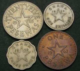 Ghana 3 Pence & 1 Shilling & 1,  25 Pesewas 1958/1967 - 4 Coins.  - 330