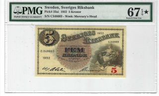 P - 33ai 1952 5 Kronor,  Sweden,  Sveriges Riksbank,  Pmg 67 Star