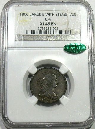 1806 Draped Bust Half Cent Large 6 With Stems Ngc Xf45 Cac Rotated Die C - 4