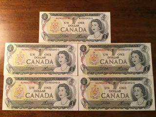 5 Billets Du Canada 1973 Bar Numéros Consécutifs