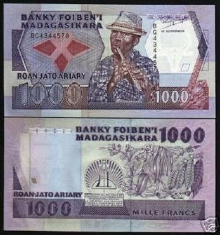 Madagascar 1000 1,  000 Francs P72 1988 Flute Unc Money Bill African Bank Note