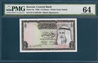 Kuwait 1/4 Dinar,  1968,  P 6a / Black Sign,  S/n : B14 043126,  Pmg 64 Unc