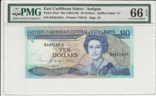 East Caribbean States 10 Dollars 1985 - 93 P - 23a2 Pmg Gem Unc 66 Epq