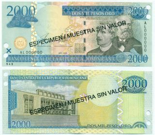 Dominican Republic Note 2000 Pesos Oro 2003 Specimen P 174s Unc