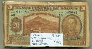 Bolivia Bundle 100 Notes 20 Bolivianos Law 1928 P 131 G/vg