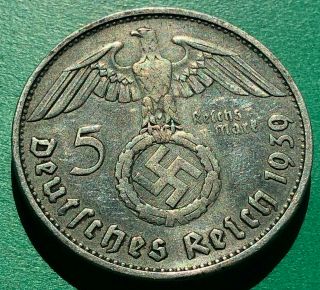 German Paul Von Hindenburg 5rm.  900 Silver 1939 B Big Swastika