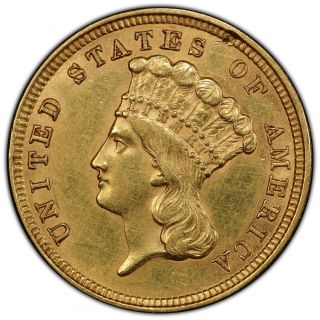 1854 P United States $3,  Three Dollars Gold Graded Pcgs Au58 About Uncirculated