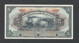 Nicaragua 5 Cordoba Banco Nacional De Nicaragua 1941 P93as Specimen Unc