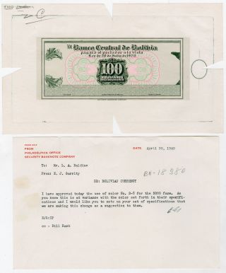 Bolivia.  Banco Central De Bolivia.  1928 (1949) Proof Essay Banknote,  Correspond