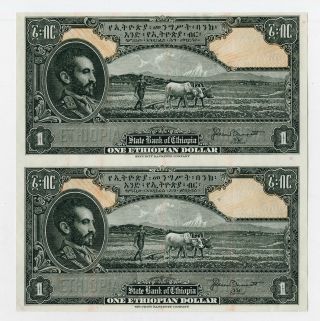 State Bank Of Ethiopia 1945 Specimen Uncut Pair $1 P - 12 Specimen - Proof Banknote.
