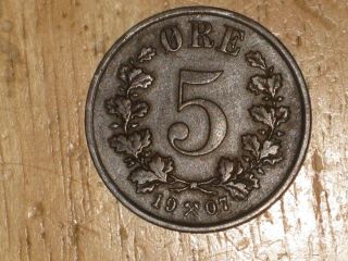 Norway 1907 5 Ore Coin Very Fine