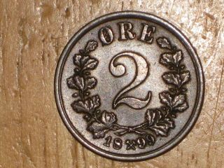 Norway 1899 2 Ore Coin Extremely Fine