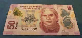 Mexico 50 Pesos 2016 Series U Fancy Almost Solid Serial Number Q8878888