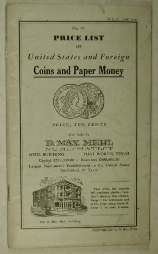 1937 Max Mehl Coin Price List,  56 Pgs,  1804 Us Dollar Listed At $1 To 3 Thousand
