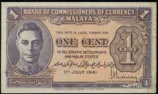 Malaya Board Of Commissioners Of Currency Note Kgvi Banknote 1941.  1 Cent