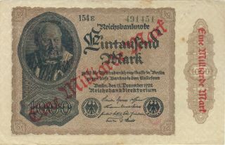 1923 1 Billion Mark Germany Currency Reichsbanknote German Banknote Note Money