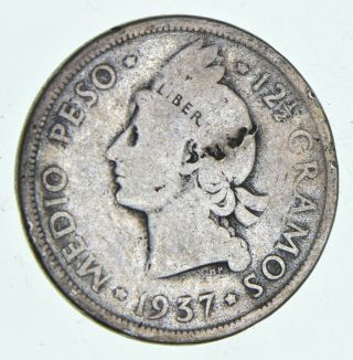 World Coin - 1937 Dominican Republic 1/2 Peso - World Silver Coin 11.  9g 990