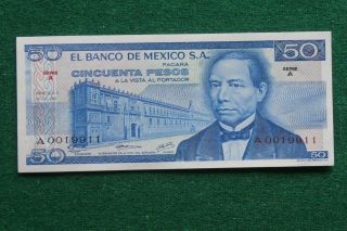 1973 Note Banco De Mexico 50 Pesos Juarez Low Number Serie A Unc