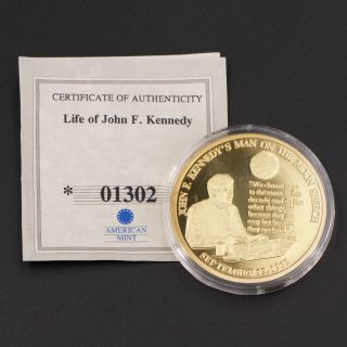 24k Gold Clad Life Of John F.  Kennedy Man On Moon Speech Commemorative Coin