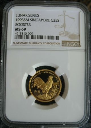 Singapore 1993 Gold 1/4 Oz 25 Singold Ngc Ms - 69 " Rooster "