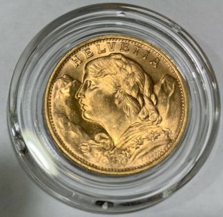 1949 Gold Helvetia Switzerland 20 Fr Francs Coin Swiss Bullion Round