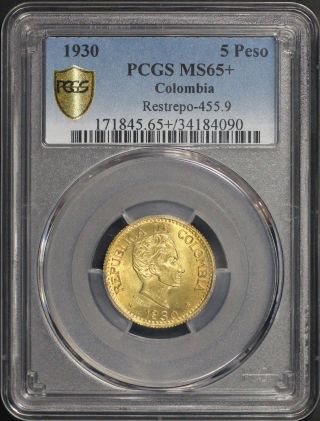 1930 Colombia Gold 5 Pesos Restrepo 455.  9 Pcgs Ms - 65,  Secure - 165450