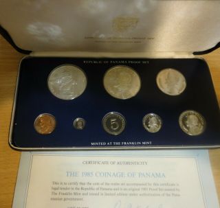 Panama 1985 8 Coin Proof Set 1 & 5 Balboa Coins Are Silver Box &